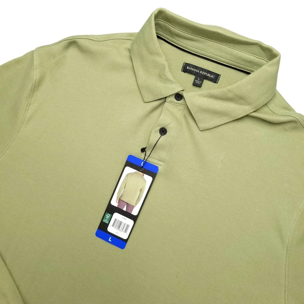 Banana Republic Polo Shirt Mens L‎ Green Solid Cotton Long Sleeve Luxe Touch Top